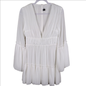 Miss Ord White V-Neck Long Flare Sleeve Pleated Ruffle Bohemian Style Mini Dress